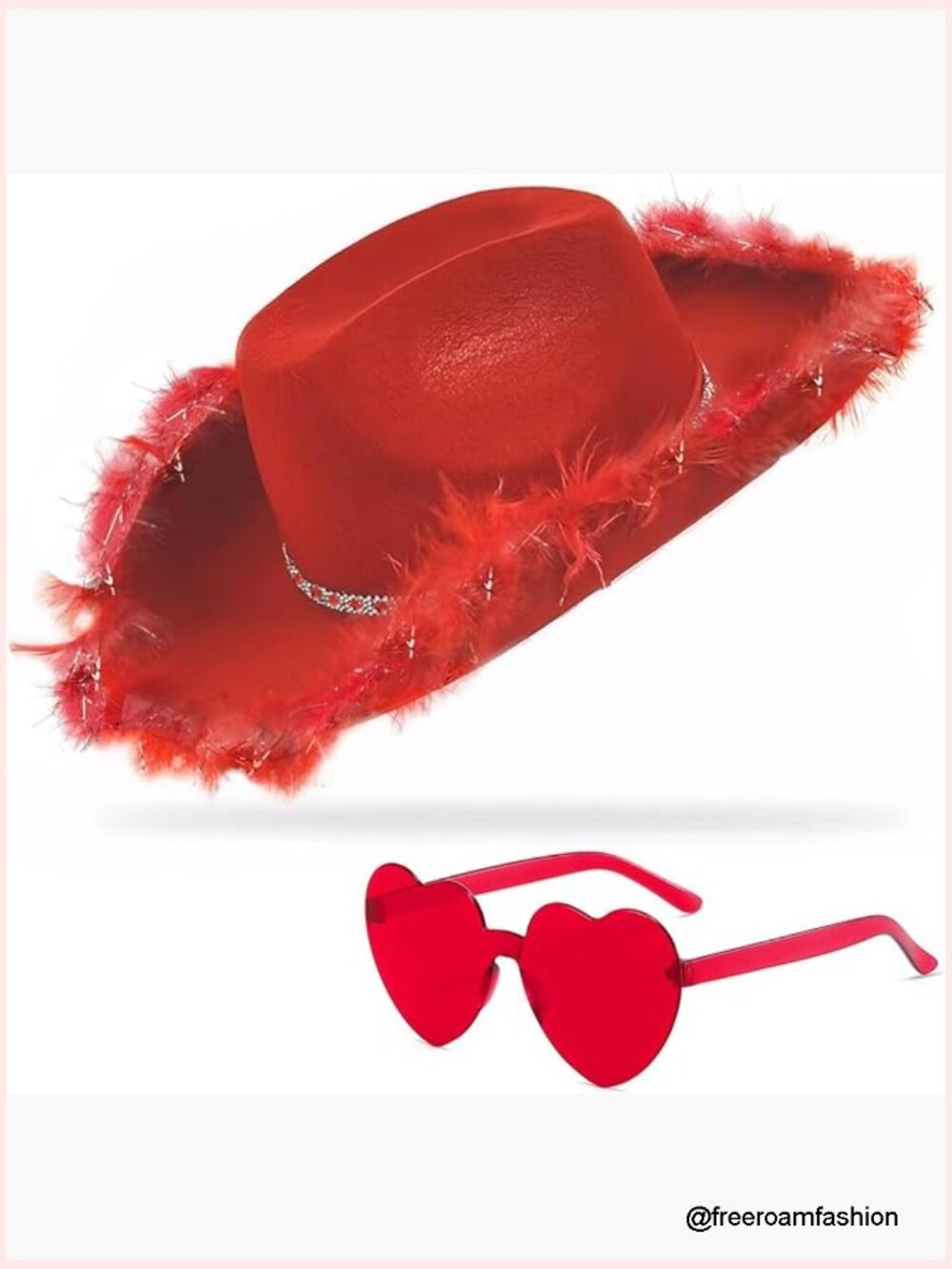 Cowgirl Hat with Feather Boa Brim & Heart Sunglasses Set